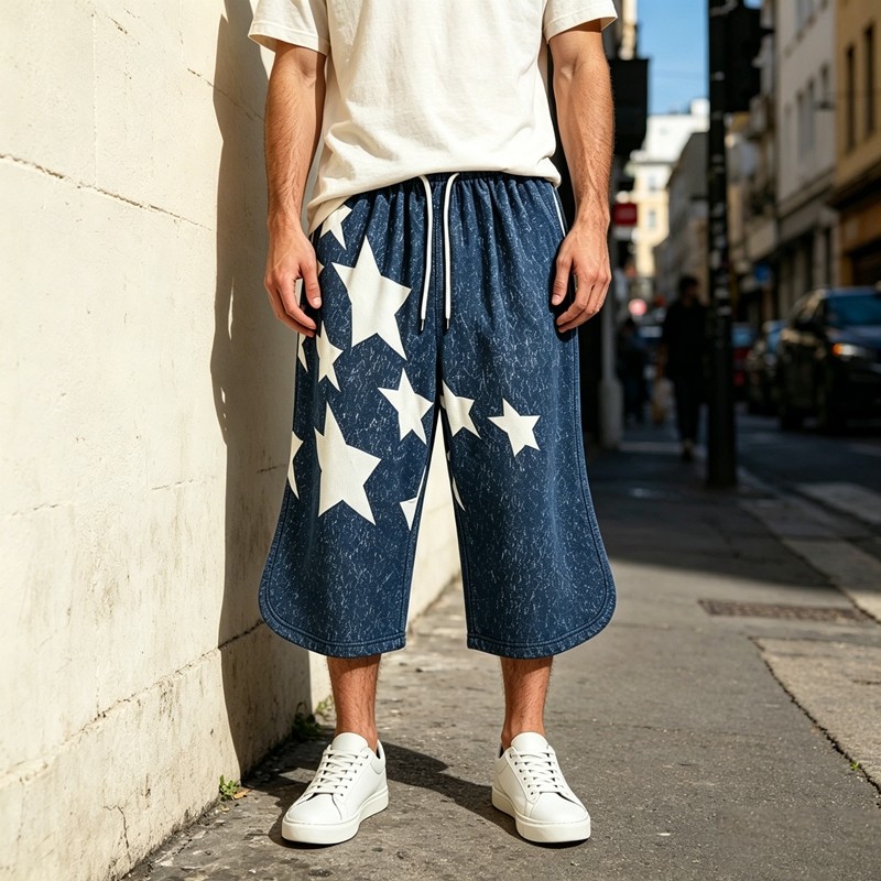 Washed Rubber Print Star Cropped Shorts