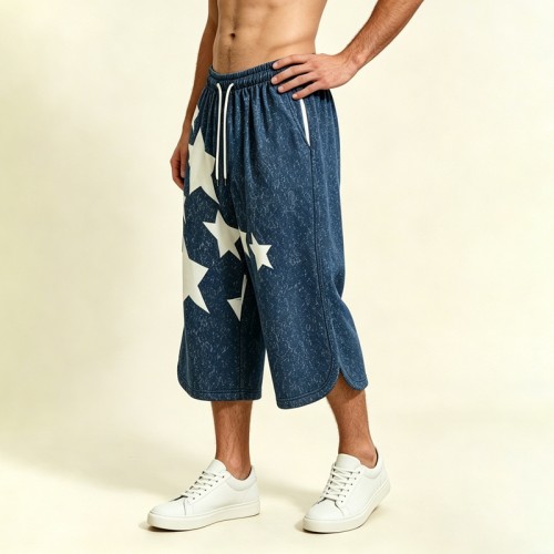 Wash Rubber Print Star Cropped Shorts | Loose Fit | Cotton Blend | Casual Streetwear | Custom Streetwear Manufacturer