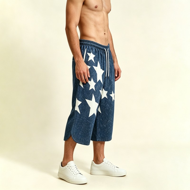 Washed Rubber Print Star Cropped Shorts