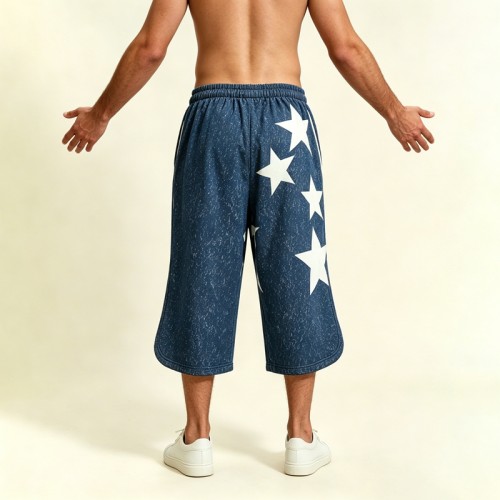 Wash Rubber Print Star Cropped Shorts | Loose Fit | Cotton Blend | Casual Streetwear | Custom Streetwear Manufacturer