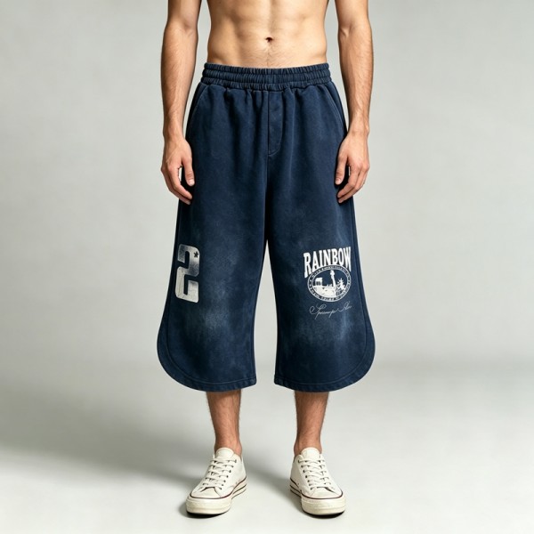 Washed and DTG Print Capri Pants | 100% Cotton | Oversized Baggy Fit | Casual Streetwear | OEM Streetwear