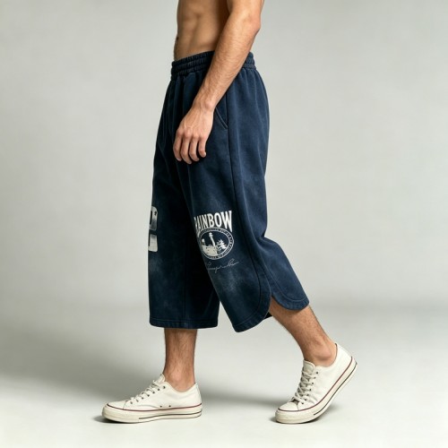 Washed and DTG Print Capri Pants | 100% Cotton | Oversized Baggy Fit | Casual Streetwear | OEM Streetwear