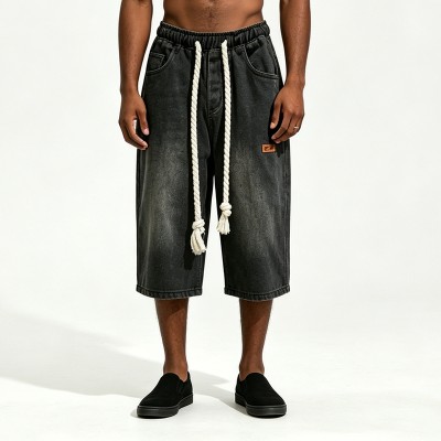 Washed and Spray Dye Denim Shorts | Elastic Waist Rope Drawstring | 100% Cotton | Custom Streetwear Manufacturer