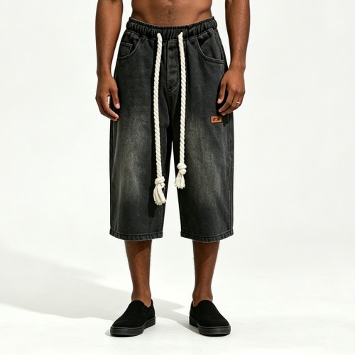 Washed and Spray Dye Denim Shorts | Elastic Waist Rope Drawstring | 100% Cotton | Custom Streetwear Manufacturer