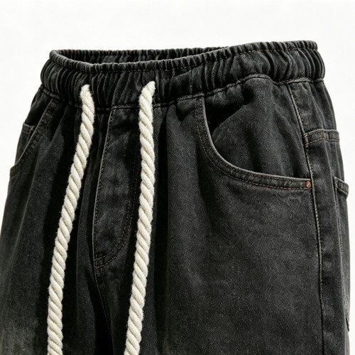 Washed and Spray Dye Denim Shorts | Elastic Waist Rope Drawstring | 100% Cotton | Custom Streetwear Manufacturer