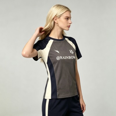 Screen Printing Quarter-Zip Color Block Slim T-shirt | Breathable Cotton Blend | Women's Casual Sportswear | OEM Streetwear