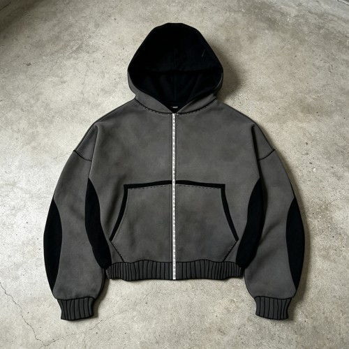Zip-Up Patchwork Hoodie | Cotton Blend | Vintage Washed | Streetwear Casual | Custom Streetwear Manufacturer