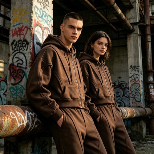 Paneled 3D Seam Zip Up Hoodie | Cropped Oversized Brown | Cotton Blend | Streetwear Manufacturer