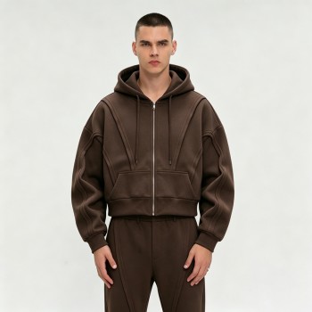 Paneled 3D Seam Zip Up Hoodie | Cropped Oversized Brown | Cotton Blend | Streetwear Manufacturer