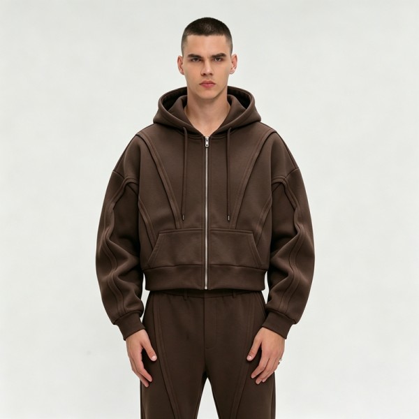 Paneled 3D Seam Zip Up Hoodie | Cropped Oversized Brown | Cotton Blend | Streetwear Manufacturer