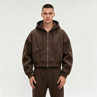 Paneled 3D Seam Zip Up Hoodie | Cropped Oversized Brown | Cotton Blend | Streetwear Manufacturer