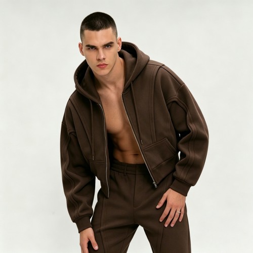 Paneled 3D Seam Zip Up Hoodie | Cropped Oversized Brown | Cotton Blend | Streetwear Manufacturer
