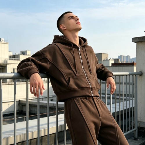 Paneled 3D Seam Zip Up Hoodie | Cropped Oversized Brown | Cotton Blend | Streetwear Manufacturer
