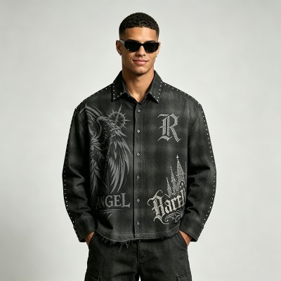 Spray Dye Rhinestone DTG Print Shirt | 100% Cotton | Gothic Street Outfit | Custom Streetwear Manufacturer