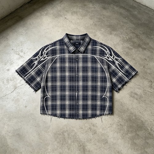 Rhinestone Raw Hem Plaid Shirt | Fringed Hem | Street Daily Casual | Custom Streetwear Manufacturer