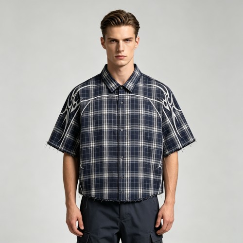 Rhinestone Raw Hem Plaid Shirt | Fringed Hem | Street Daily Casual | Custom Streetwear Manufacturer