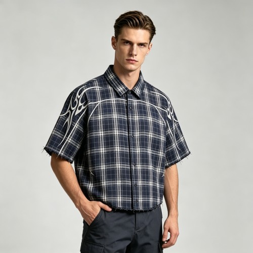 Rhinestone Raw Hem Plaid Shirt | Fringed Hem | Street Daily Casual | Custom Streetwear Manufacturer