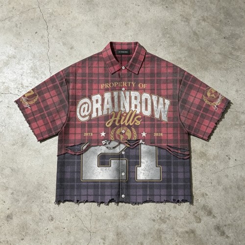 Washed DTG Print Plaid Shirt | Distressed Frayed Hem | Street Daily Casual Outfit | Clothing Manufacturer