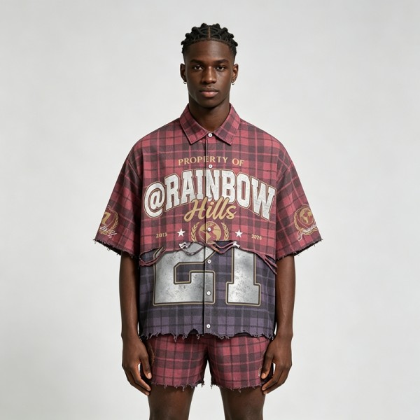 Washed DTG Print Plaid Shirt | Distressed Frayed Hem | Street Daily Casual Outfit | Clothing Manufacturer