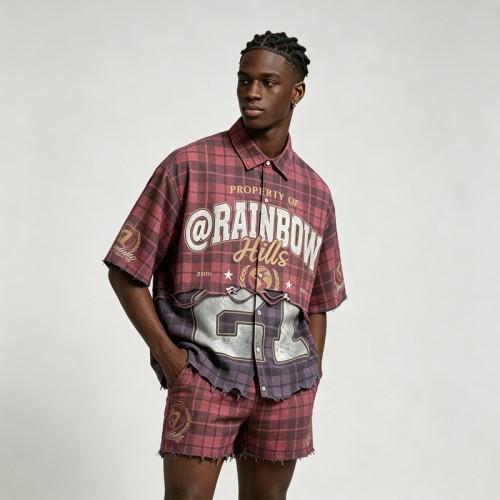 Washed DTG Print Plaid Shirt | Distressed Frayed Hem | Street Daily Casual Outfit | Clothing Manufacturer