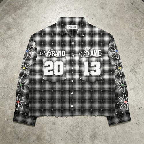 Rhinestone Embroidered Plaid Button Up Shirt | Cotton Blend Plaid Fabric | Hip Hop Street Daily Wear | Custom Streetwear Manufacturer