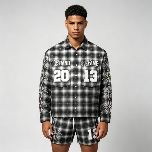 Rhinestone Embroidered Plaid Button Up Shirt | Cotton Blend Plaid Fabric | Hip Hop Street Daily Wear | Custom Streetwear Manufacturer