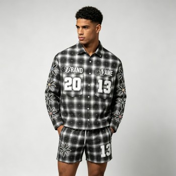 Rhinestone Embroidered Plaid Button Up Shirt | Cotton Blend Plaid Fabric | Hip Hop Street Daily Wear | Custom Streetwear Manufacturer