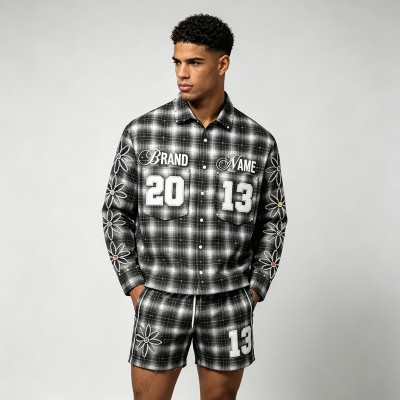 Rhinestone Embroidered Plaid Button Up Shirt | Cotton Blend Plaid Fabric | Hip Hop Street Daily Wear | Custom Streetwear Manufacturer