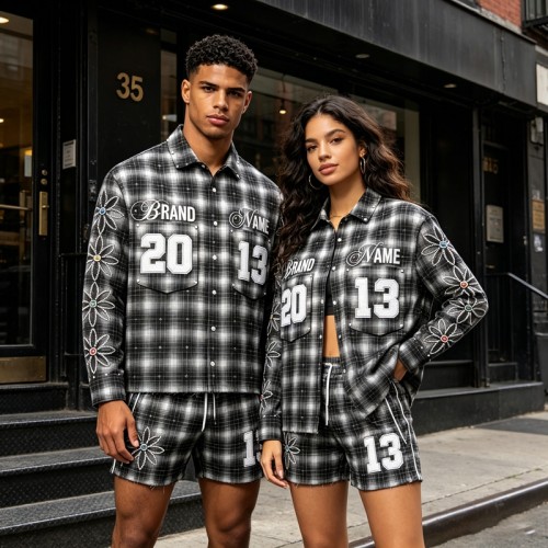 Rhinestone Embroidered Plaid Button Up Shirt | Cotton Blend Plaid Fabric | Hip Hop Street Daily Wear | Custom Streetwear Manufacturer