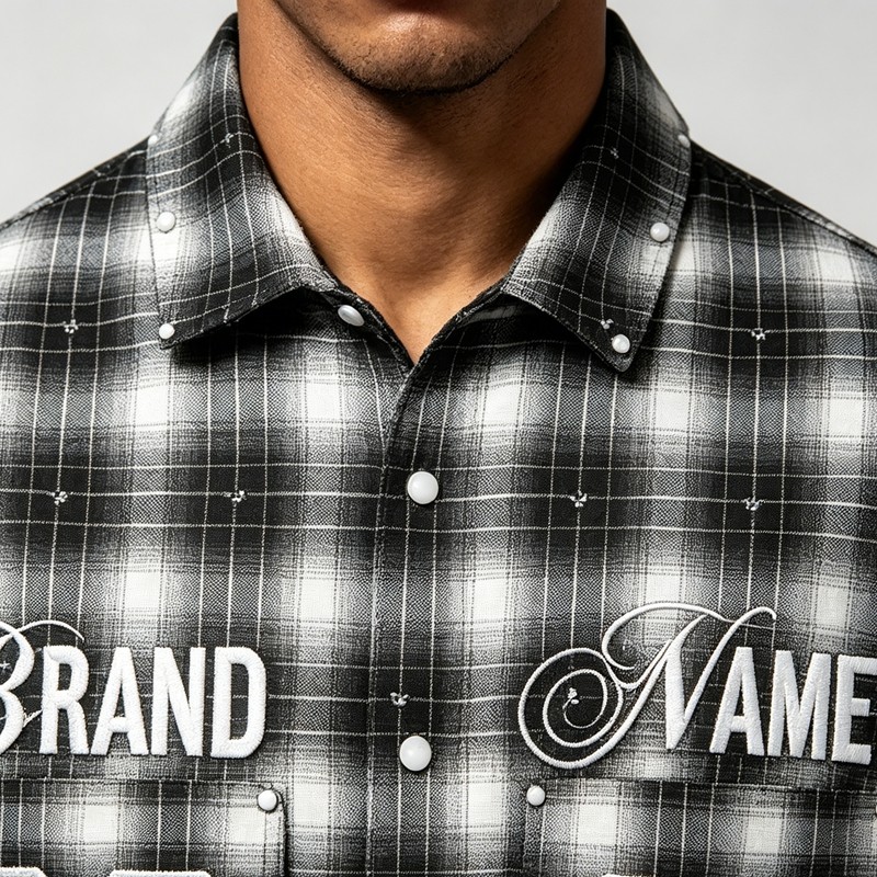 Rhinestone Embroidered Plaid Button Up Shirt