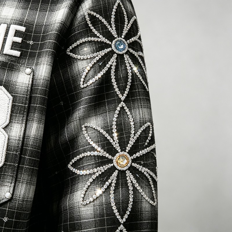 Rhinestone Embroidered Plaid Button Up Shirt