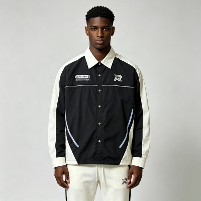 Screen Print Color Block Button Up Shirt | Nylon Woven Long Sleeve | Daily Street Casual Wear | OEM Streetwear
