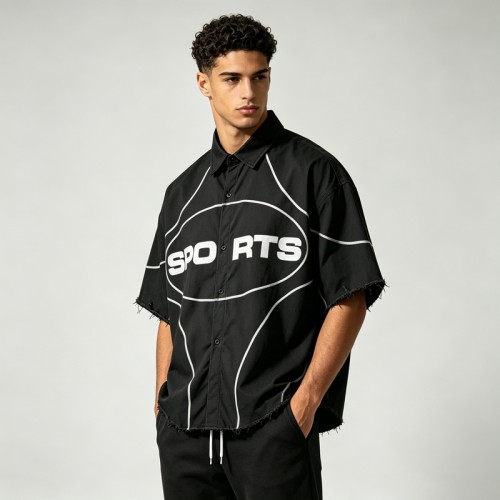 DTG Print Fringe Hem Short Sleeve Shirt | 100% Nylon | Street Daily Casual Wear | OEM Streetwear