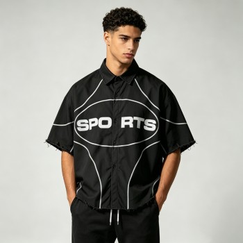 DTG Print Fringe Hem Short Sleeve Shirt | 100% Nylon | Street Daily Casual Wear | OEM Streetwear