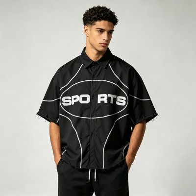 DTG Print Fringe Hem Short Sleeve Shirt | 100% Nylon | Street Daily Casual Wear | OEM Streetwear