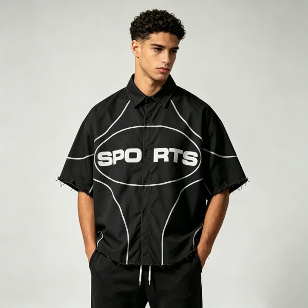 DTG Print Fringe Hem Short Sleeve Shirt | 100% Nylon | Street Daily Casual Wear | OEM Streetwear