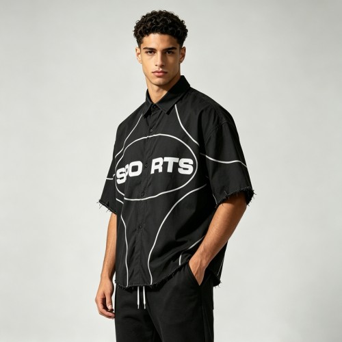 DTG Print Fringe Hem Short Sleeve Shirt | 100% Nylon | Street Daily Casual Wear | OEM Streetwear