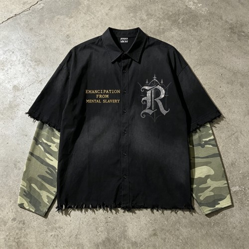 Distressed Wash Rhinestone Embroidered Fake Two-Piece Shirt | Frayed Raw Edge | 100% Cotton | Clothing Manufacturer