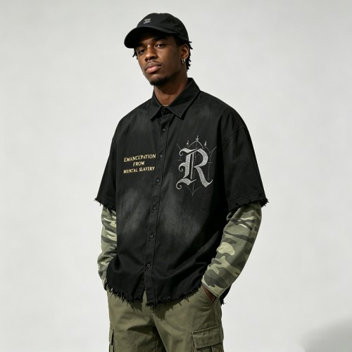 Distressed Wash Rhinestone Embroidered Fake Two-Piece Shirt | Frayed Raw Edge | 100% Cotton | Clothing Manufacturer