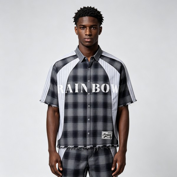 Woven Label Screen Print Raw Edge Shirt | Plaid Stripe | 100% Cotton Button Down | OEM Streetwear