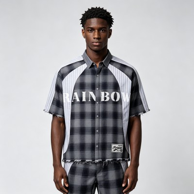 Woven Label Screen Print Raw Edge Shirt | Plaid Stripe | 100% Cotton Button Down | OEM Streetwear