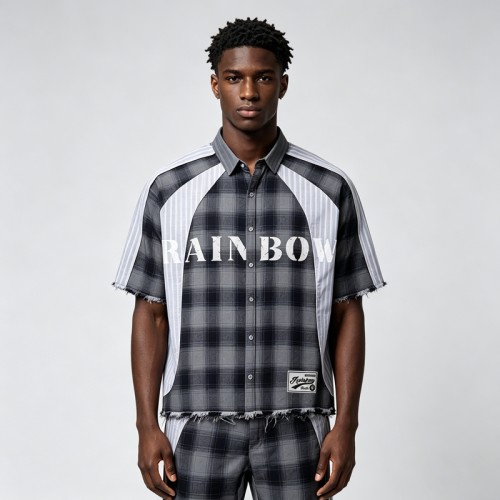 Woven Label Screen Print Raw Edge Shirt | Plaid Stripe | 100% Cotton Button Down | OEM Streetwear