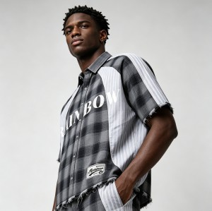 Woven Label Screen Print Raw Edge Shirt | Plaid Stripe | 100% Cotton Button Down | OEM Streetwear