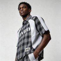 Woven Label Screen Print Raw Edge Shirt | Plaid Stripe | 100% Cotton Button Down | OEM Streetwear