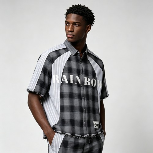 Woven Label Screen Print Raw Edge Shirt | Plaid Stripe | 100% Cotton Button Down | OEM Streetwear