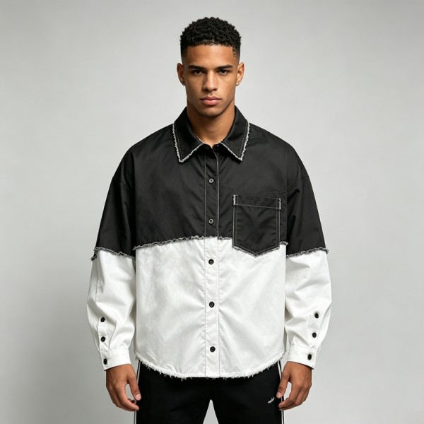 Two-Tone Raw Edge Short Sleeve Shirt | Breathable Cotton Blend | Daily Street | Custom Streetwear Manufacturer