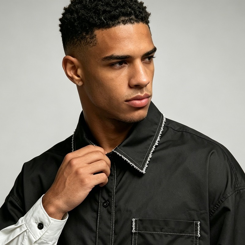 Two-Tone Raw Edge Short Sleeve Shirt