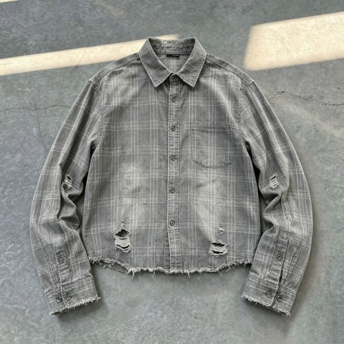 Distressed Ripped Raw Edge Plaid Cropped Shirt |100% Cotton Plaid Woven | Custom Streetwear Manufacturer