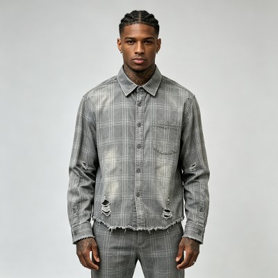 Distressed Ripped Raw Edge Plaid Cropped Shirt |100% Cotton Plaid Woven | Custom Streetwear Manufacturer