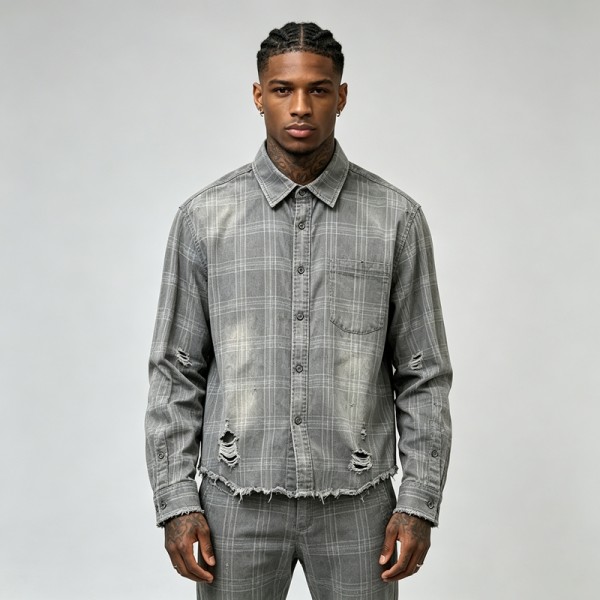 Distressed Ripped Raw Edge Plaid Cropped Shirt |100% Cotton Plaid Woven | Custom Streetwear Manufacturer